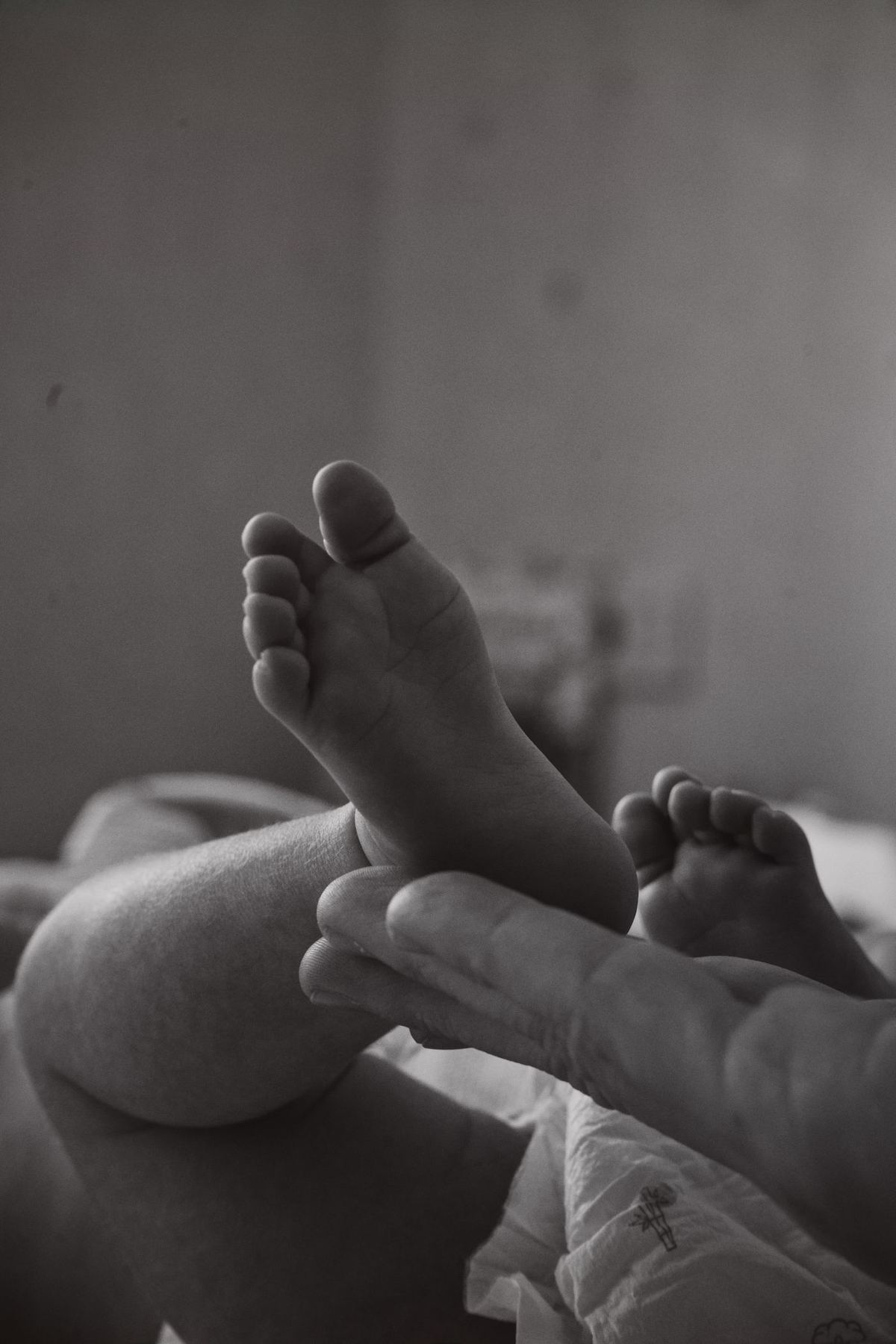 Pés de um bebê apoiados na mão de um adulto, foto em preto e branco